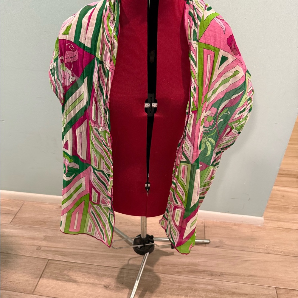 Talbots geometric/floral print midi cotton shirt dress in pink and green shawl
